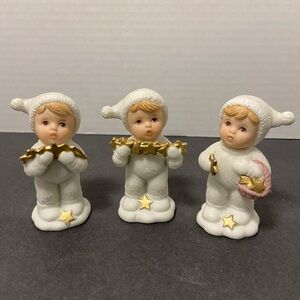 Homco 3 Snow Babies with Gold Stars & Glitter Christmas